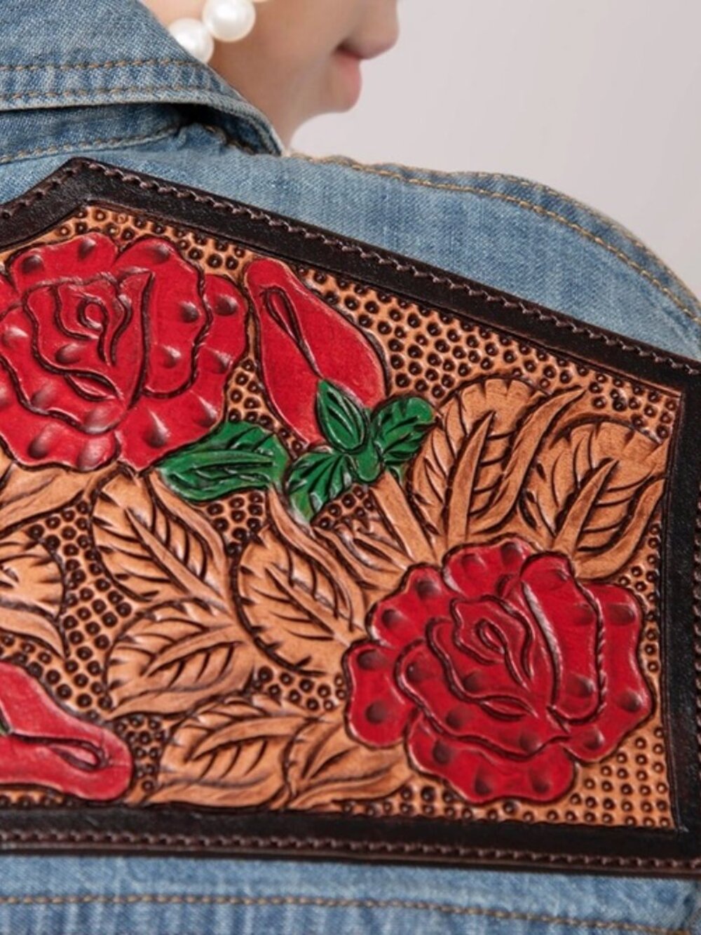 Western Denim Shirt with Hand-Tooled Red Rose Leather Yoke Large - Picture 3 of 6